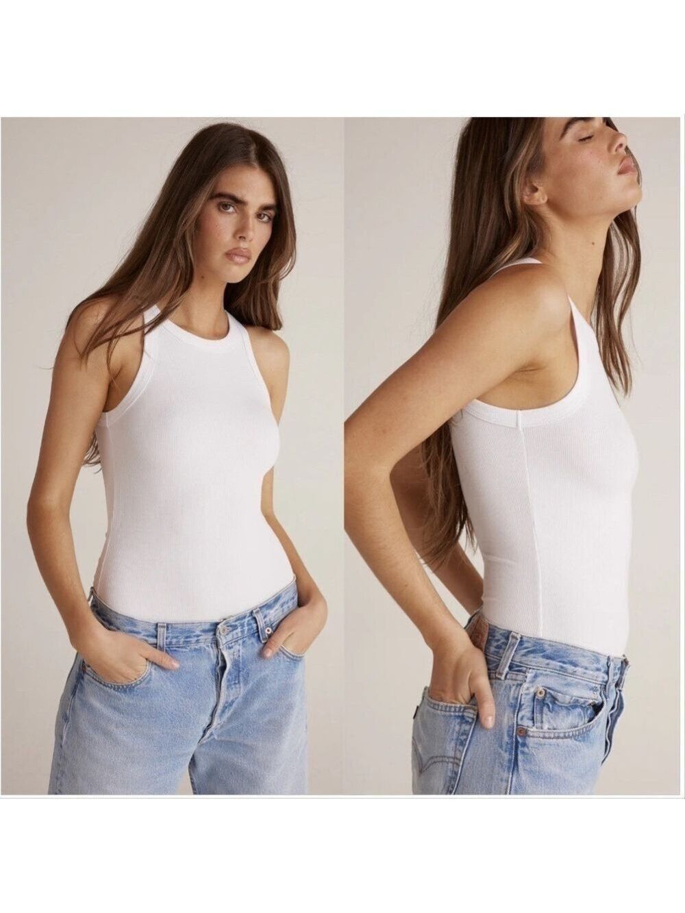 CLYQUE WOMENS KELLY BODYSUIT WHITE HIGH NECK RIBBED MUSCLE TANK